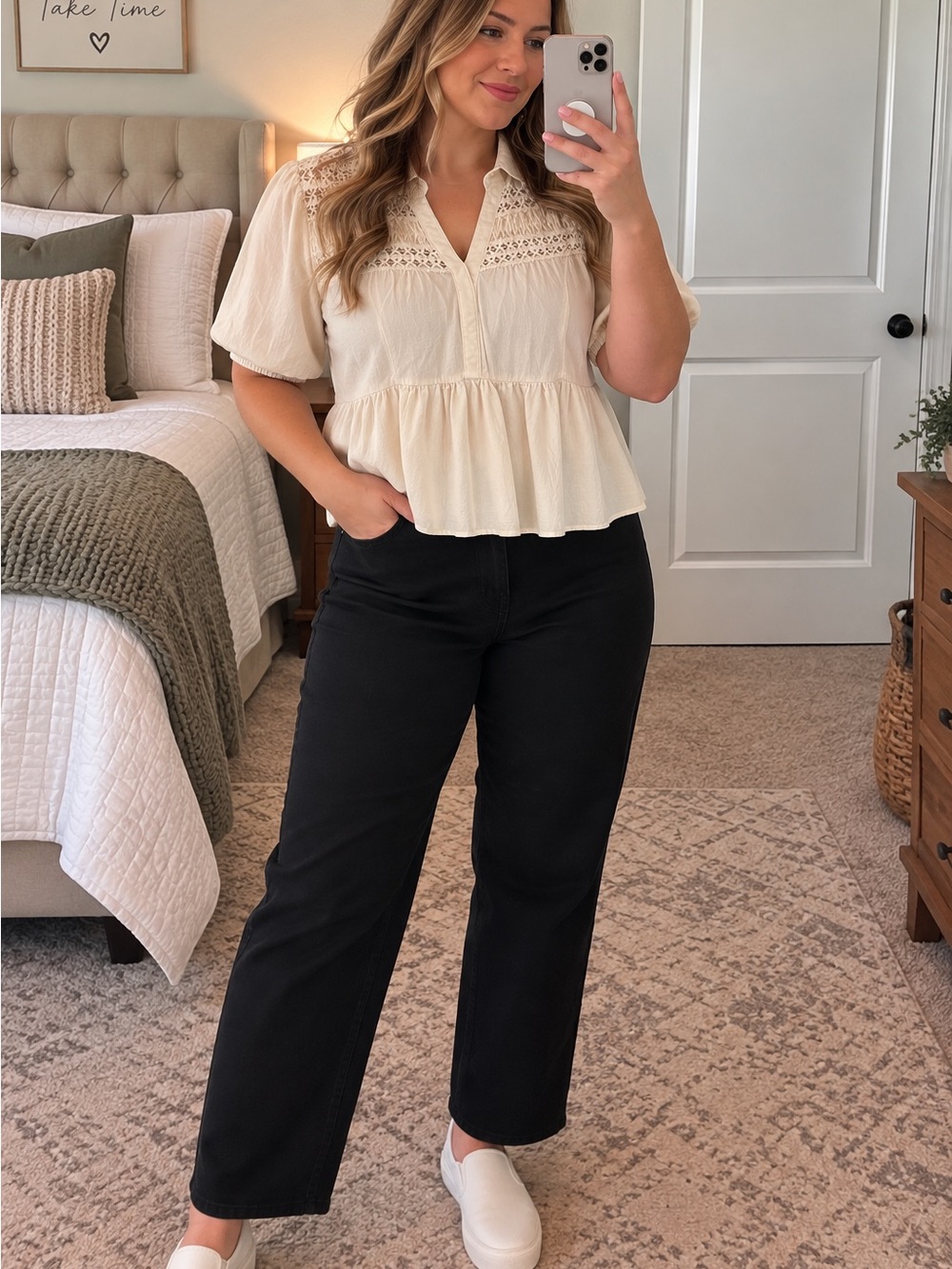 Women's Cream Lace-Trim Peplum Blouse
